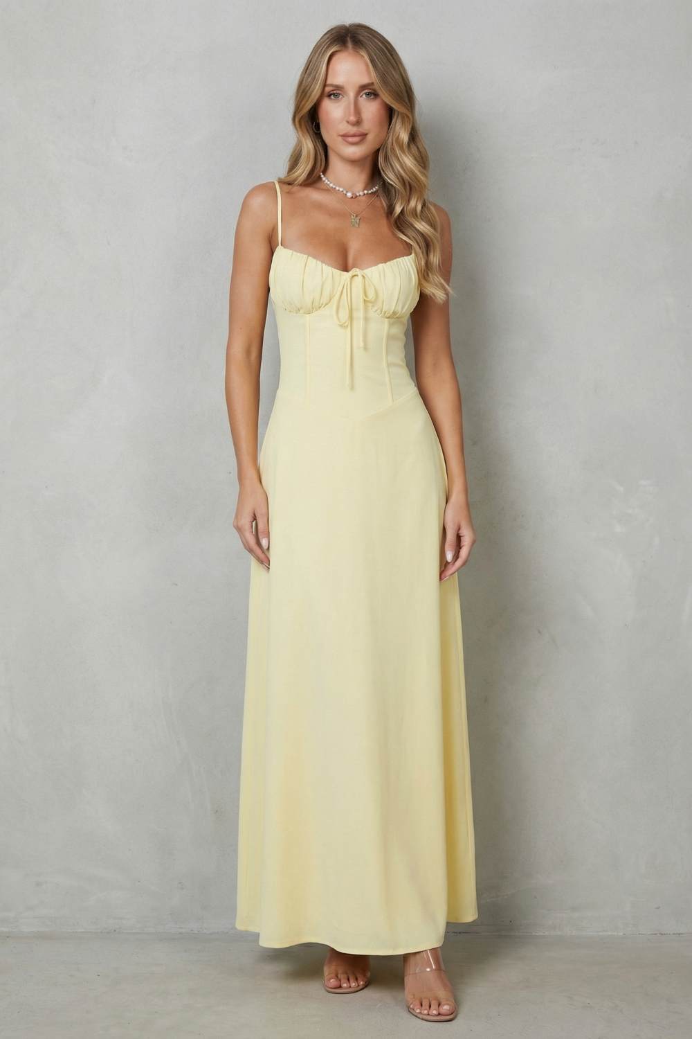 Selena – Charme de espartilho suave – Vestido longo fluido sem mangas