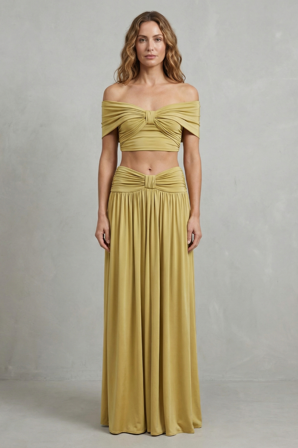 Ramona – Golden glow – Conjunto de Saia e Top Ombro a Ombro Franzido Feminino