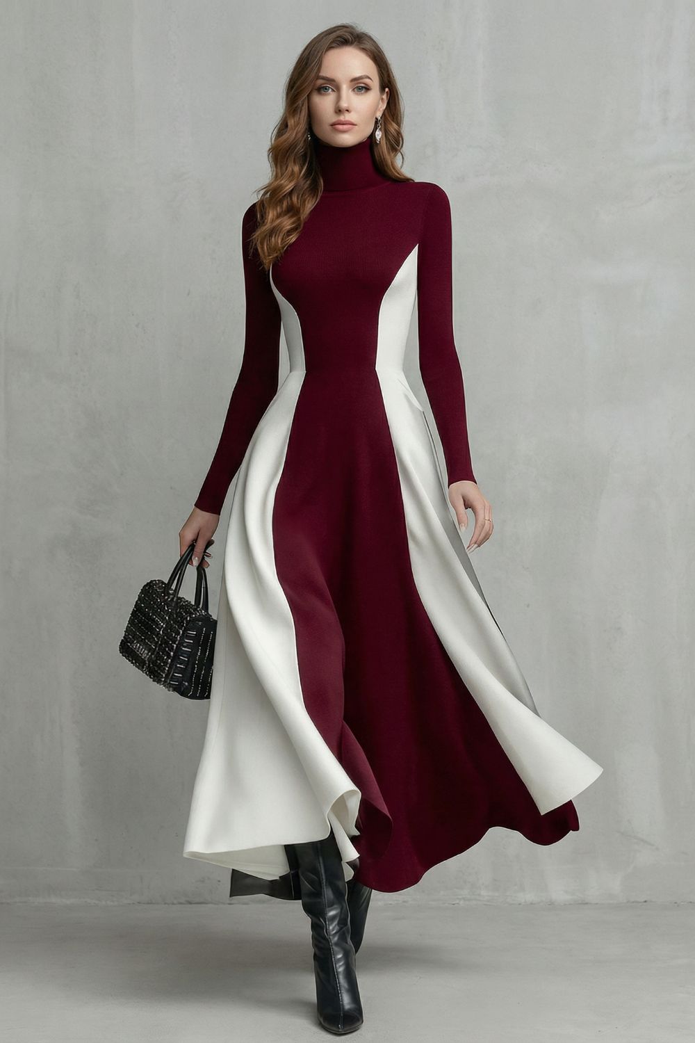 Mariveille – Fluidez contrastante com sculpt – Vestido gola alta