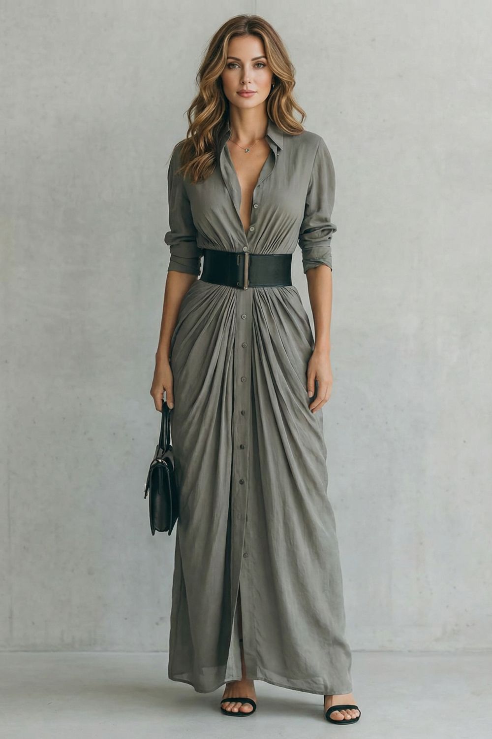 Solenzia – Drama plissada na cintura – Vestido longo estilo camisa (inclui cinto)