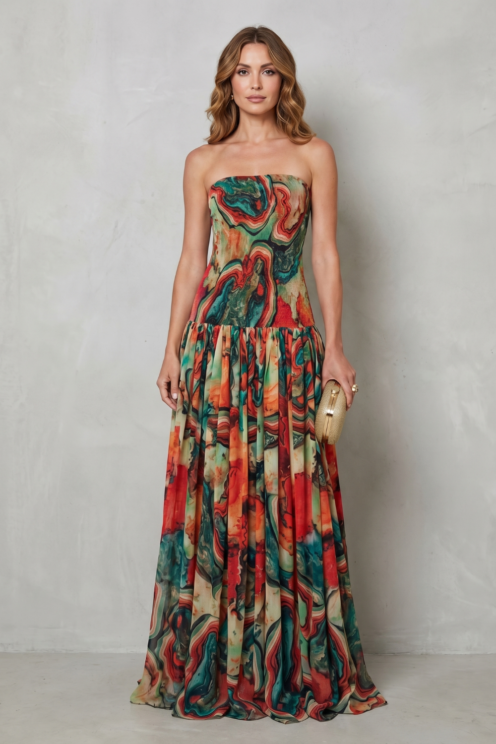 Lavielle – Vestido longo estampado ombro a ombro