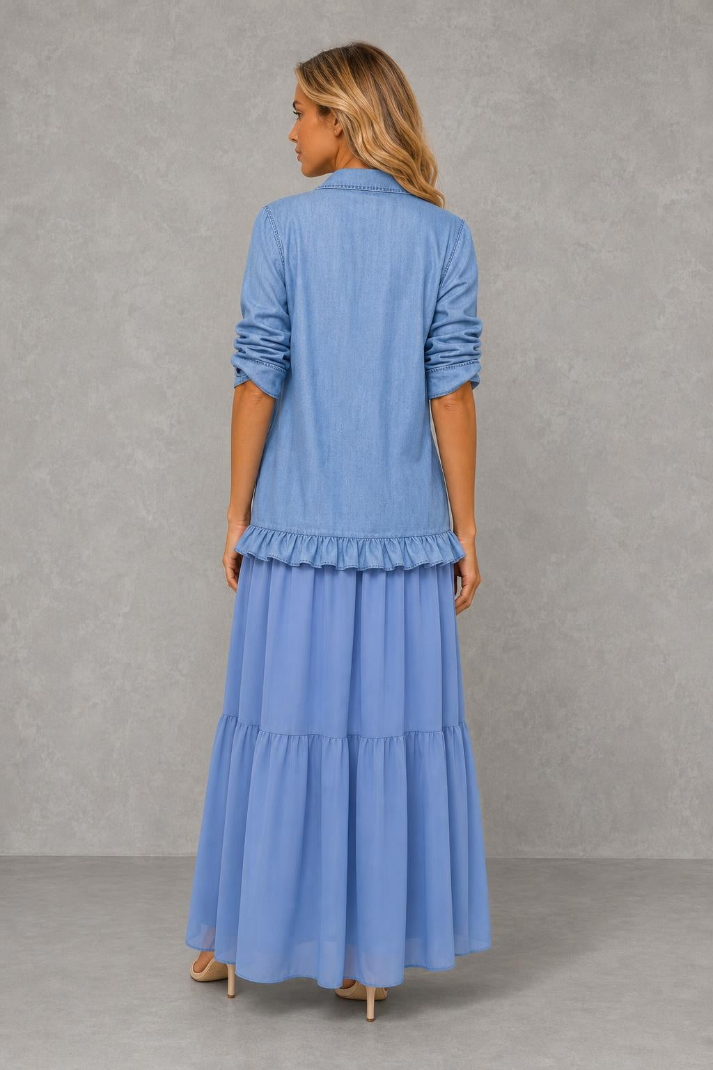Vestido Longo com Gola Camisa e Saia em Camadas - Marilene — studio_back — Sofia [61a9a6e4-7b7c-49d2-b9f7-5613d5efe47e]