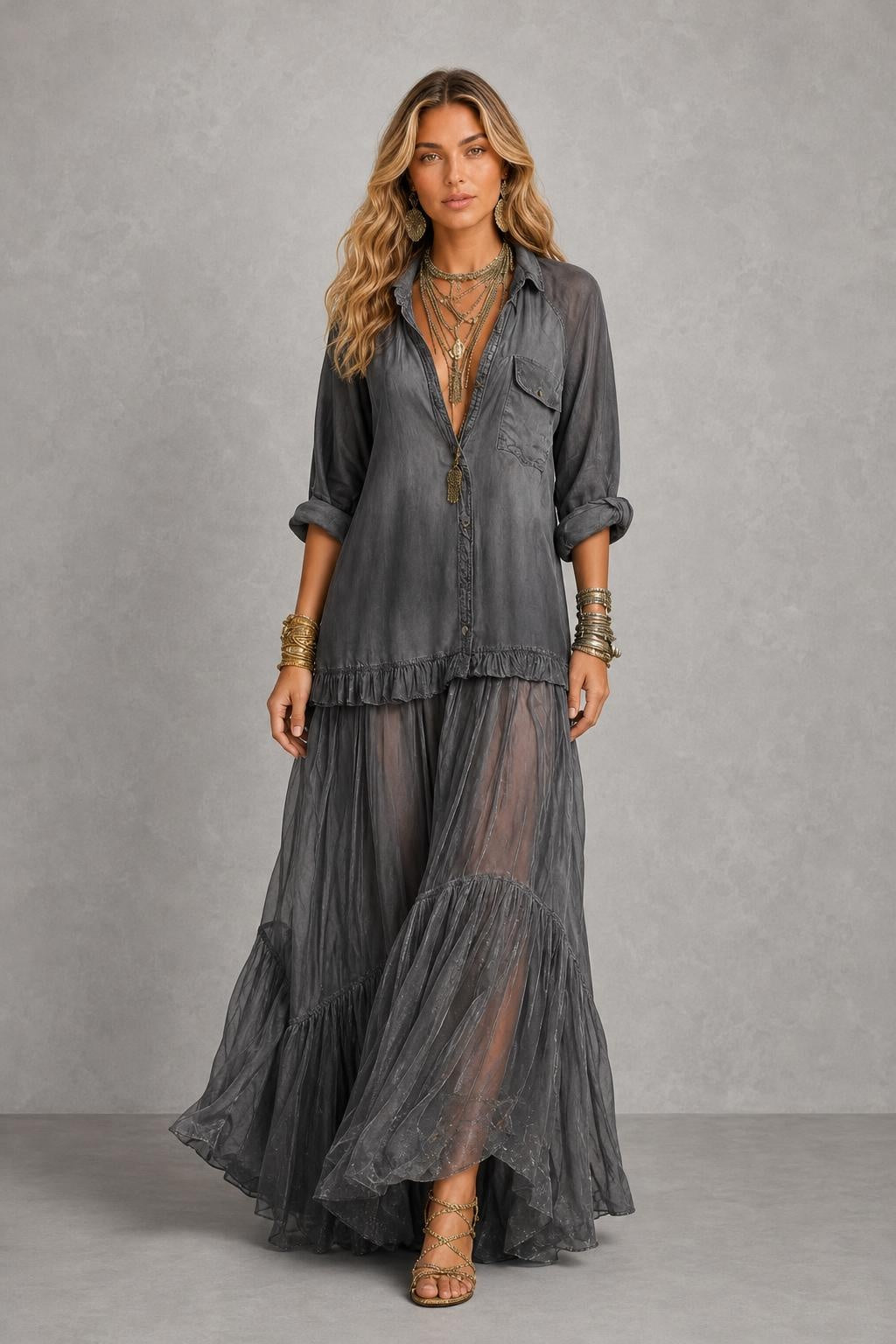 Vestido Longo com Gola Camisa e Saia em Camadas - Marilene — studio_front — Sofia [56e1a188-70df-4ed1-8e3d-9448c93b8e54]