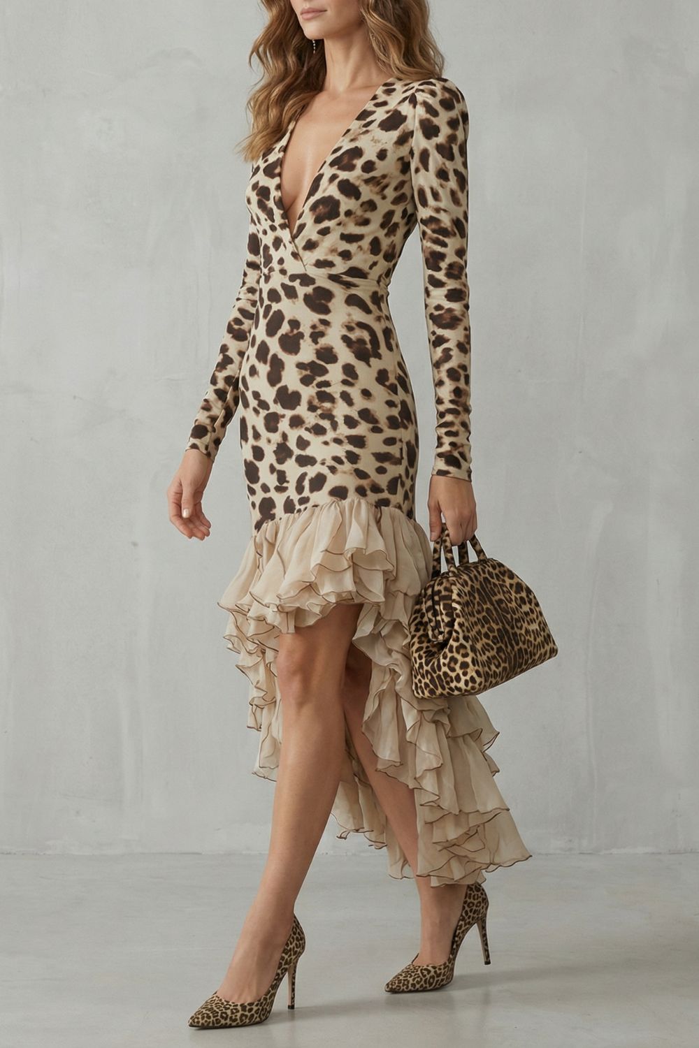 Lioraé – Barra com babados – Vestido midi estampa leopardo