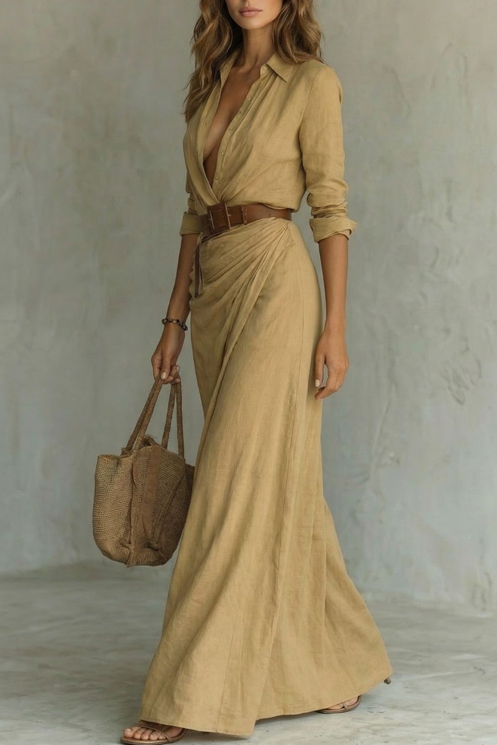 Azura – Vestido transpassado com botões – Vestido longo com cinto