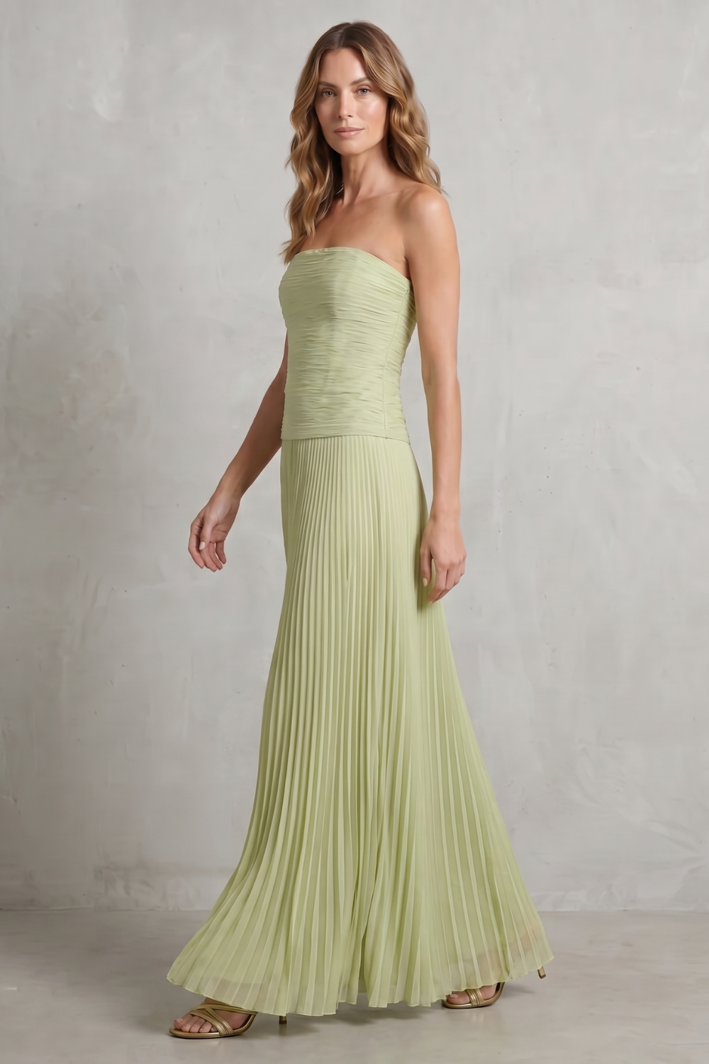 Skyelle – Elegância tomara que caia plissada – Vestido longo