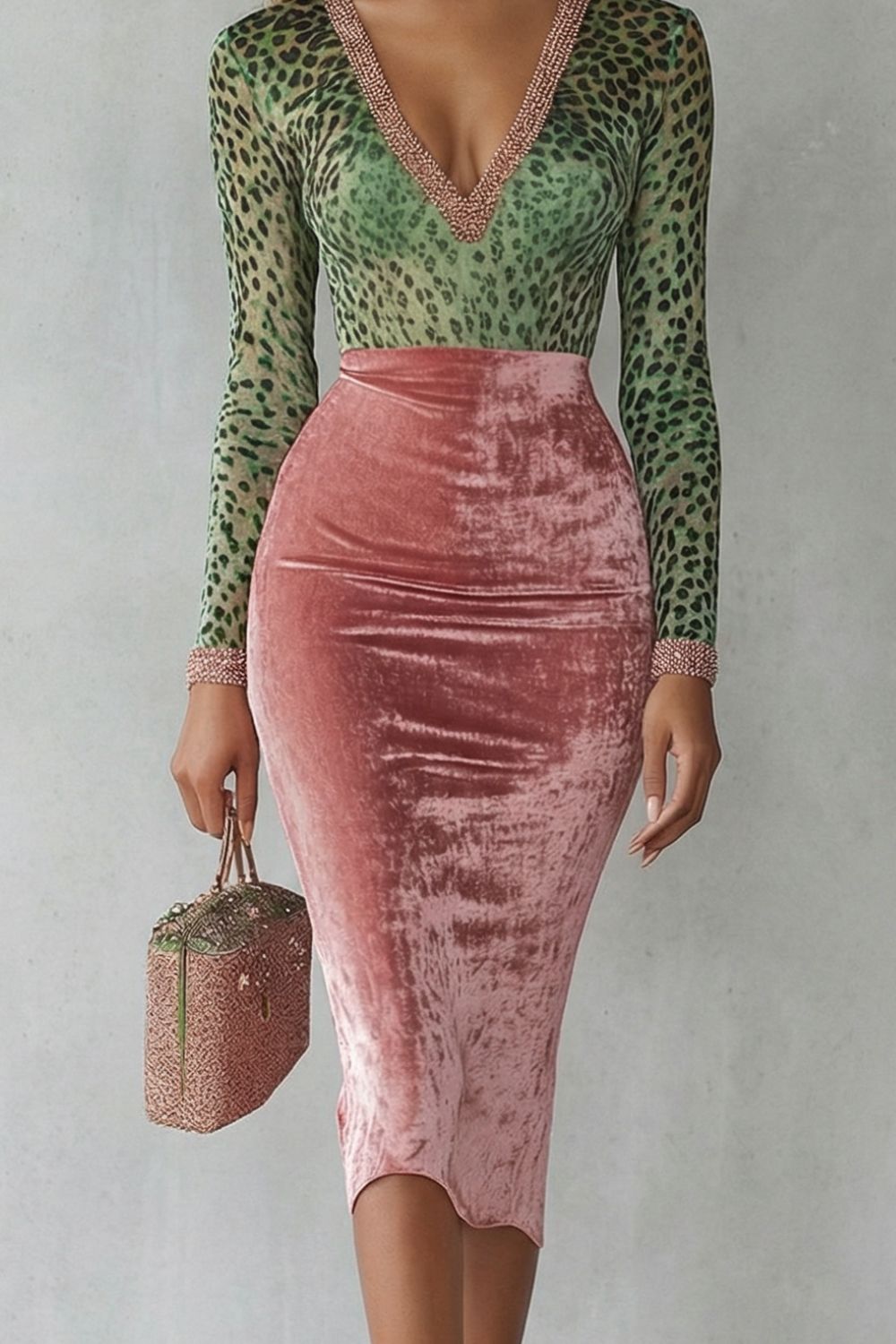 Virelline – Contraste de veludo leopardo – Vestido midi justo