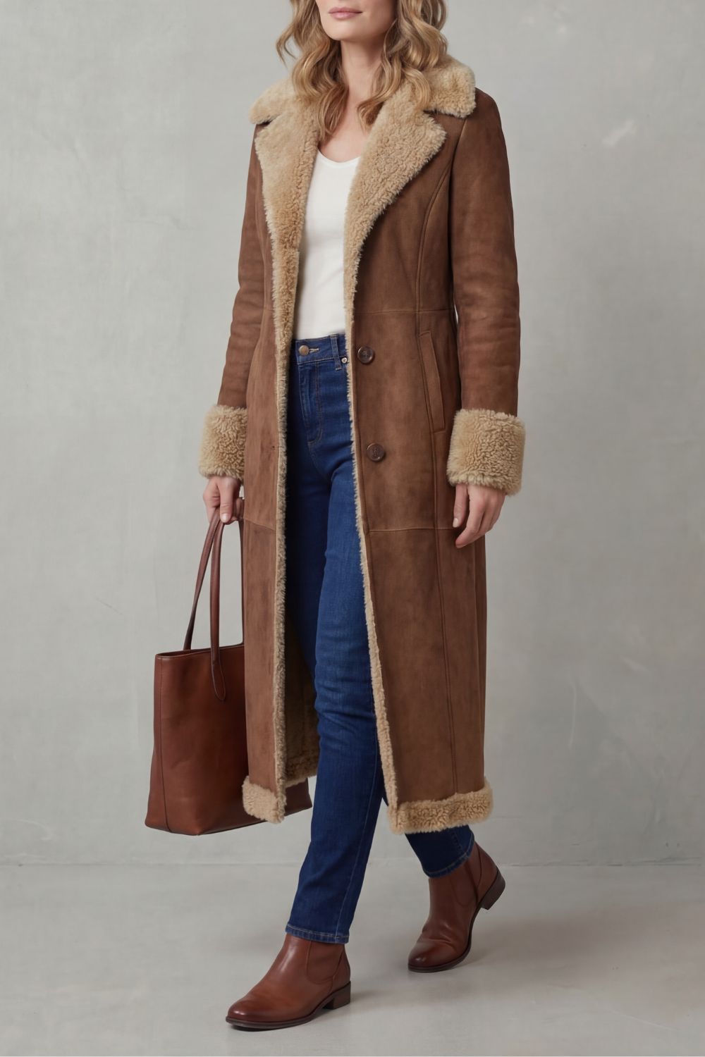 Selvion – Silhueta com forro shearling – Casaco longo de inverno