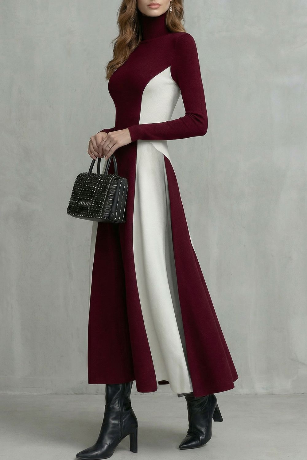 Mariveille – Fluidez contrastante com sculpt – Vestido gola alta