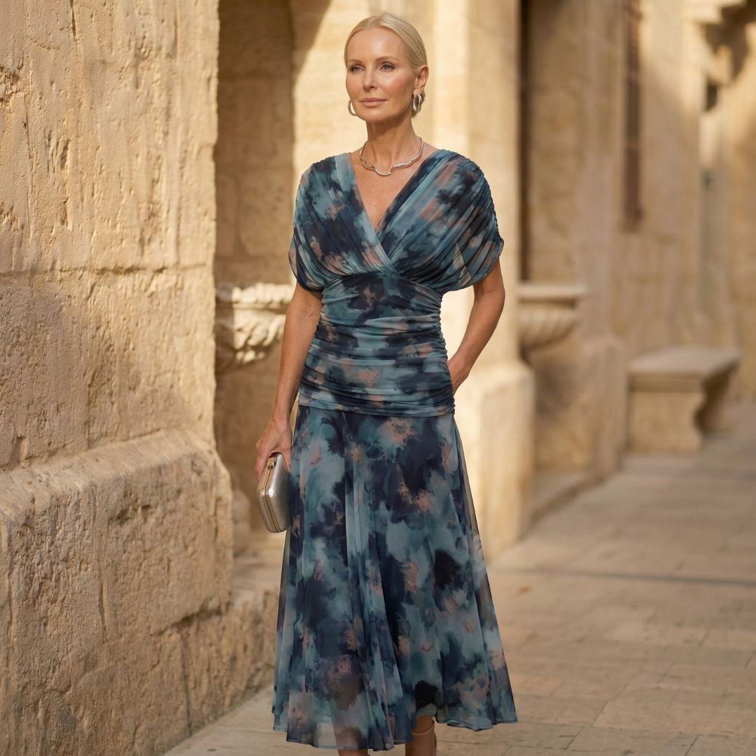 Luna | Vestido Aquarela Azul Ombro a Ombro com Saia Evasê