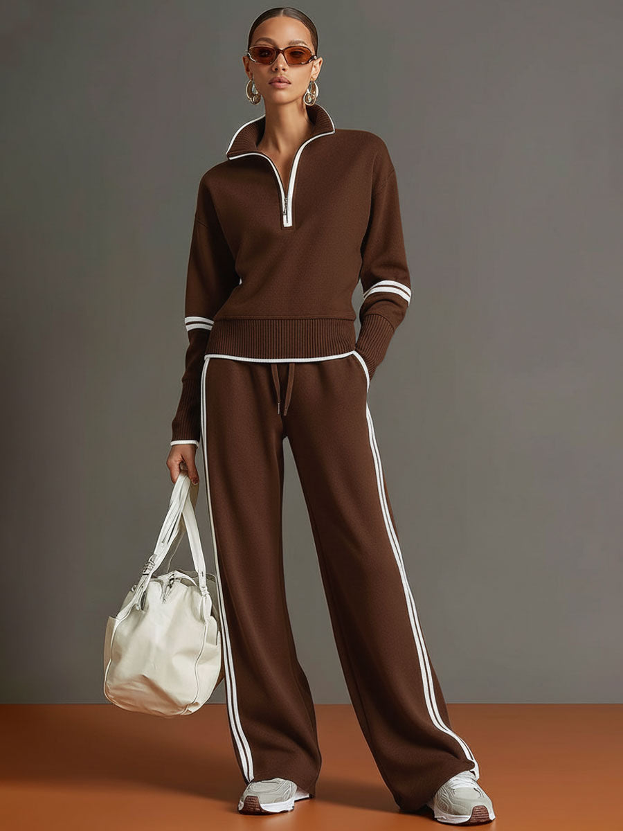 Conjunto Suéter Gola Alta Meio Zíper e Calça Wide Leg Listrada - Helena