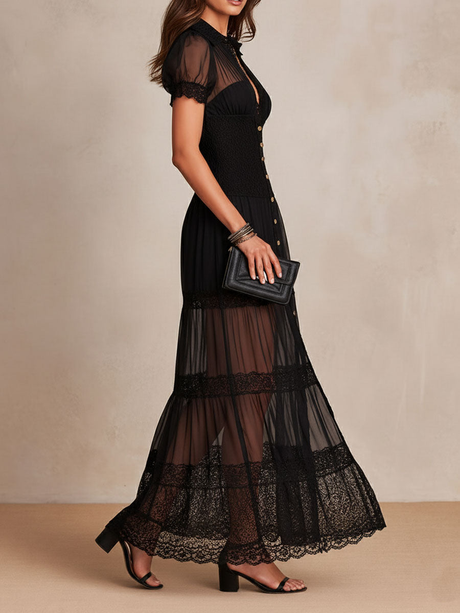 Vestido Maxi Preto Tule e Renda Manga Bufante - Rafaela