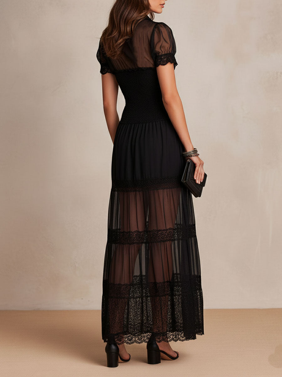 Vestido Maxi Preto Tule e Renda Manga Bufante - Rafaela
