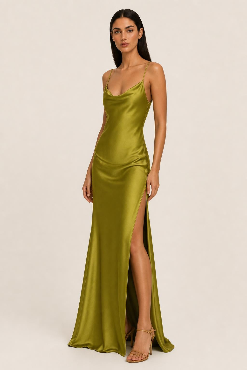 Vestido Longo Acetinado com Decote Drapeado - Daline — studio_three_quarter — Helena [8a4cfe3a-c3c8-4f61-82c8-389621bd18cb]
