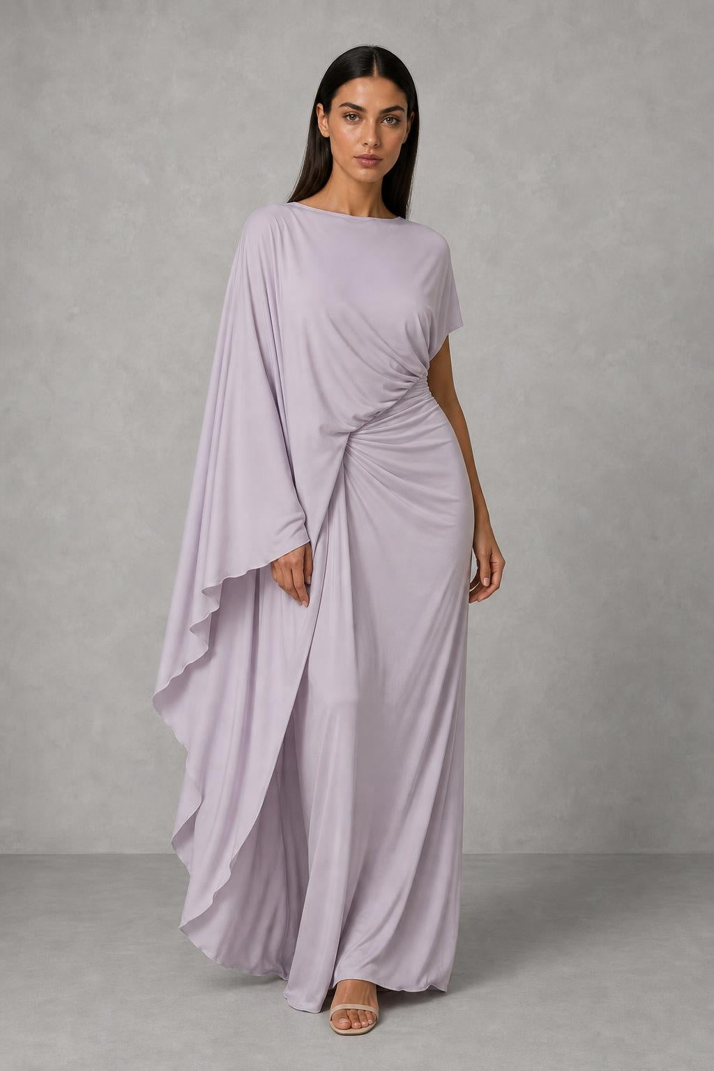 Vestido Longo Drapeado com Mangas Capa - Ornella — studio_front — Helena [2e7745e4-6fd9-4397-bbbb-b23c6e73bb9b]