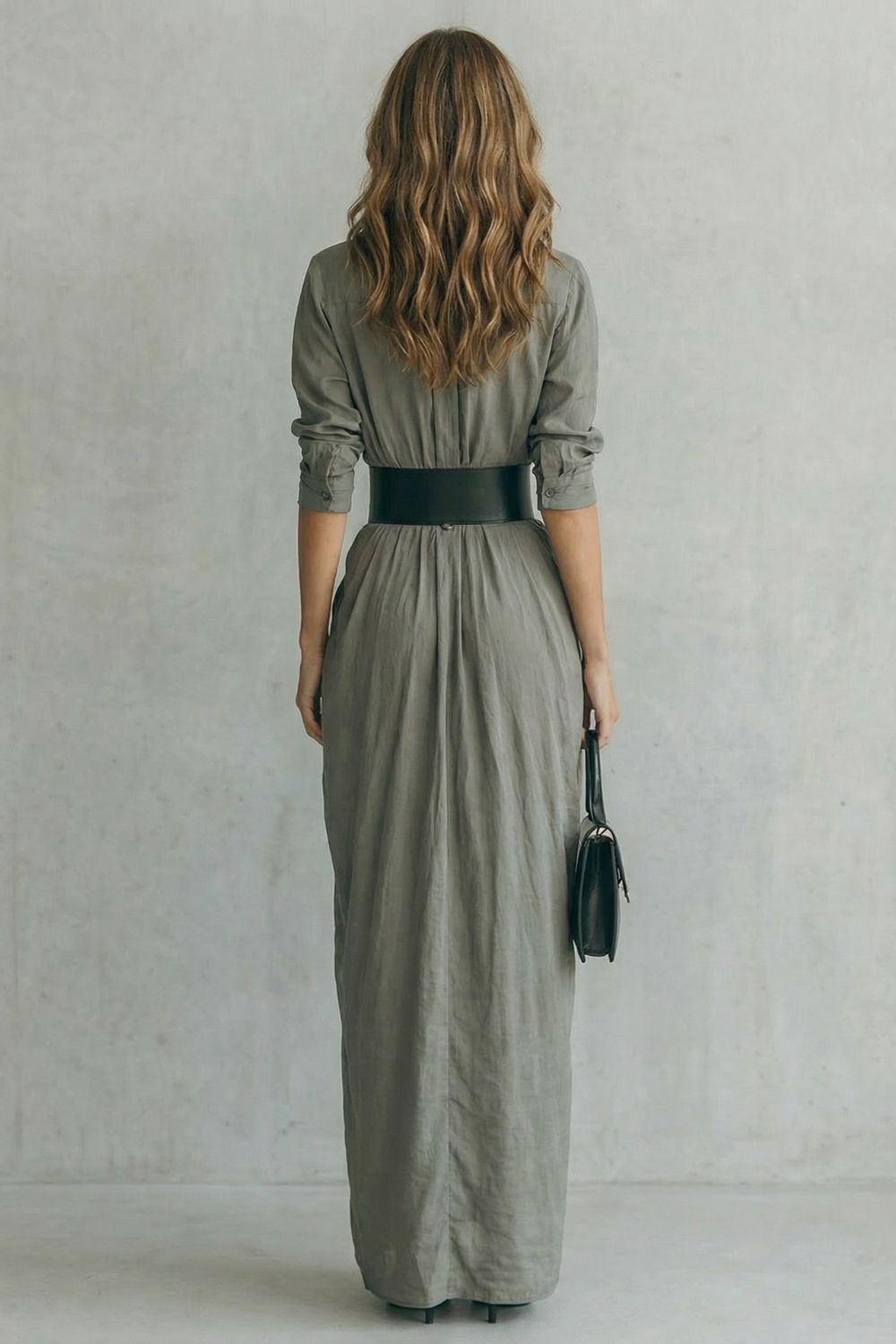 Solenzia – Drama plissada na cintura – Vestido longo estilo camisa (inclui cinto)