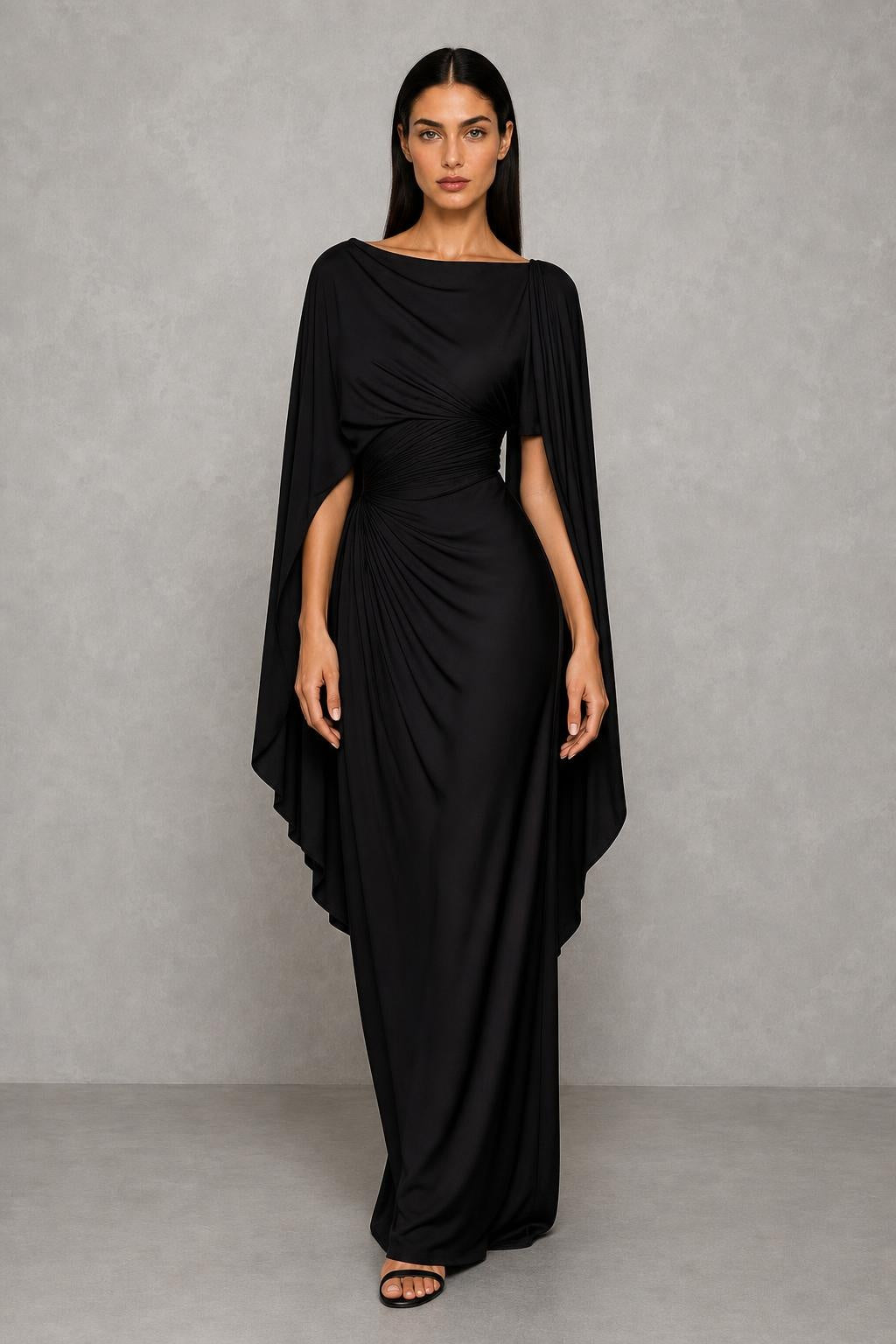 Vestido Longo Drapeado com Mangas Capa - Ornella — studio_front — Helena [47be6f32-04c4-43d7-8775-ad977c6cc376]