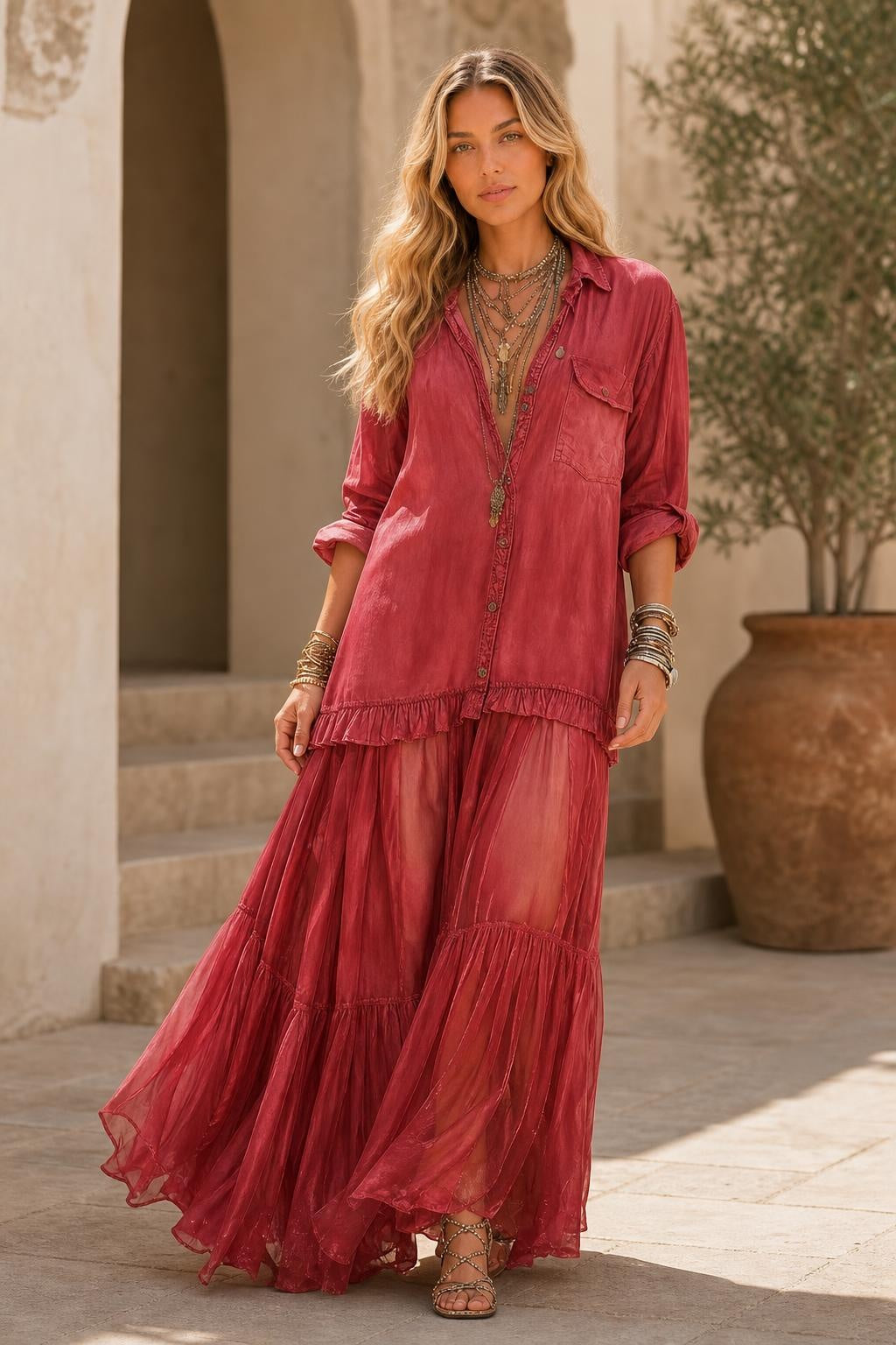Vestido Longo com Gola Camisa e Saia em Camadas - Marilene — lifestyle — Sofia [7061378d-099e-4de2-9bae-53ac76cc2917]