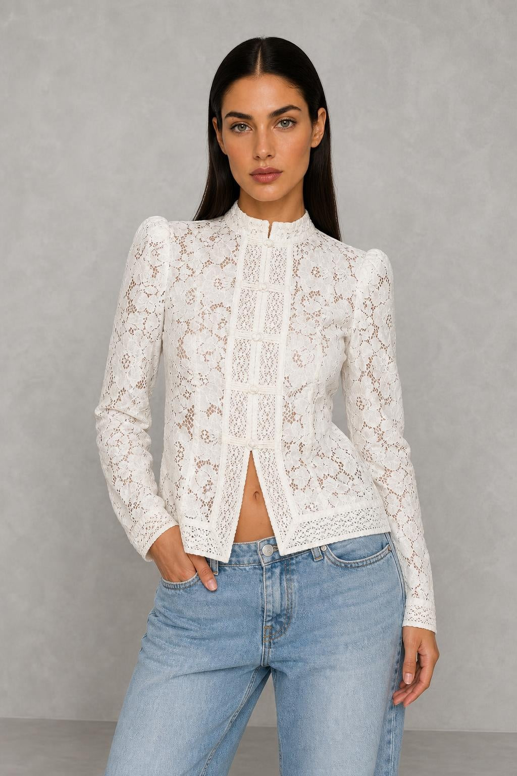 Blusa de Renda com Gola Alta e Mangas Longas - Carmenita — studio_front — Helena [f022fc03-6458-40be-9768-187b489334be]