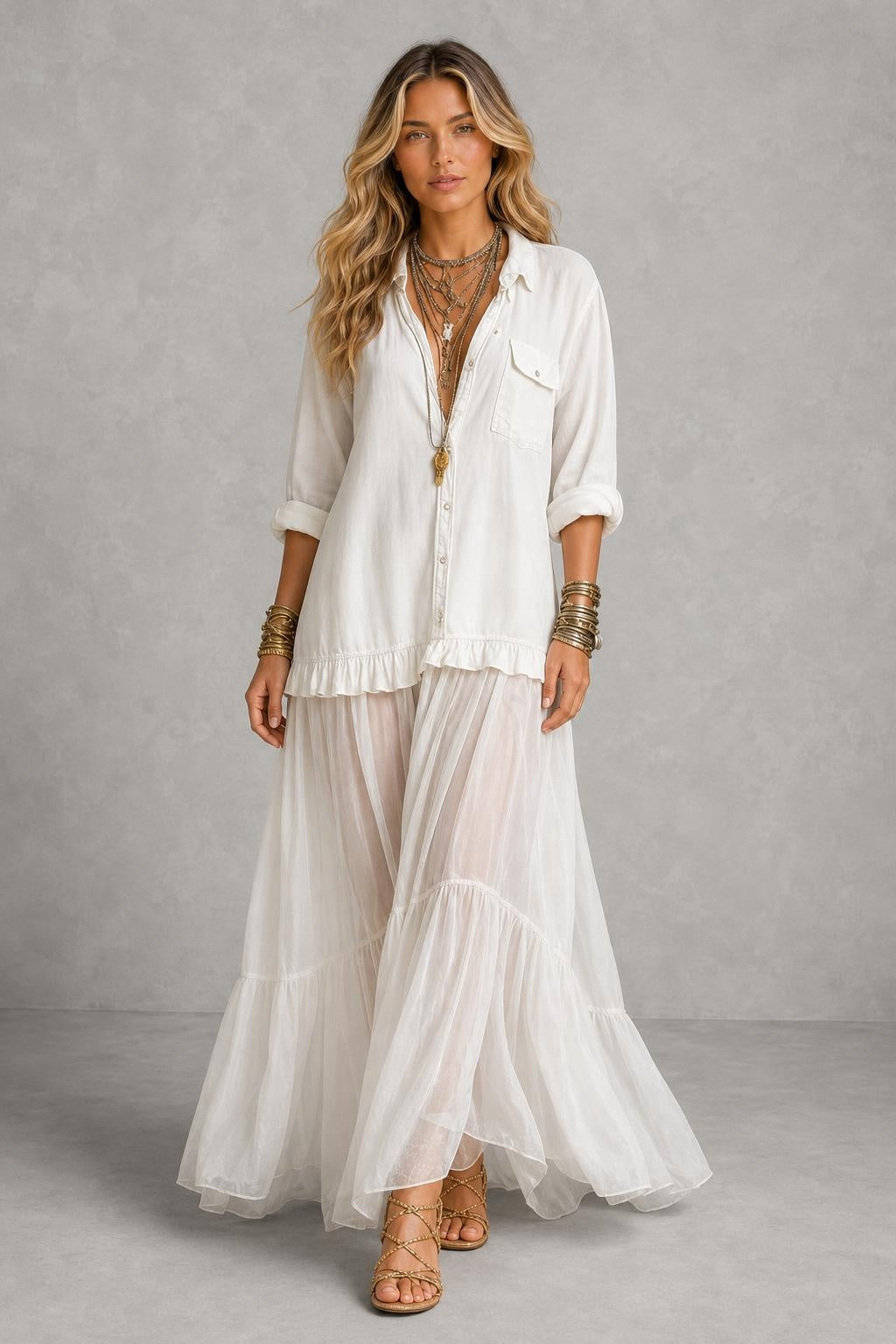 Vestido Longo com Gola Camisa e Saia em Camadas - Marilene — studio_front — Sofia [954a06c8-d081-4b2b-bbdc-19d8b281e9e0]