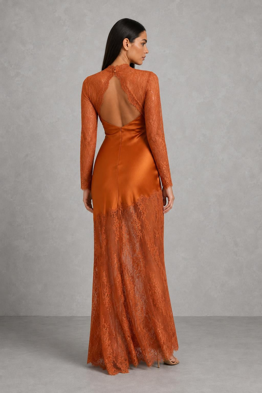 Vestido Maxi Elegante Feminino com Gola Alta, Renda e Cetim, Manga Longa, Costas Vazadas e Bainha Sereia para Convidada de Casamento e Festa — studio_back — Helena [4b88ca92-d375-4d2e-ae3e-47742808d207]