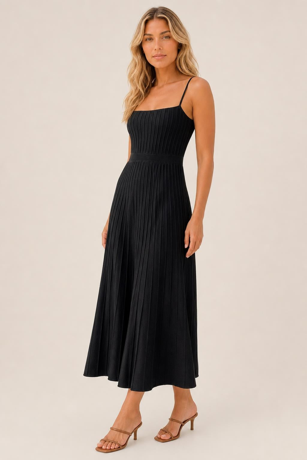 Vestido Midi Tricô Canelado Alça Fina - Fabíola — studio_three_quarter — Sofia [37a5ebe5-5a5a-4aaa-a3c6-b7b1805b3b13]
