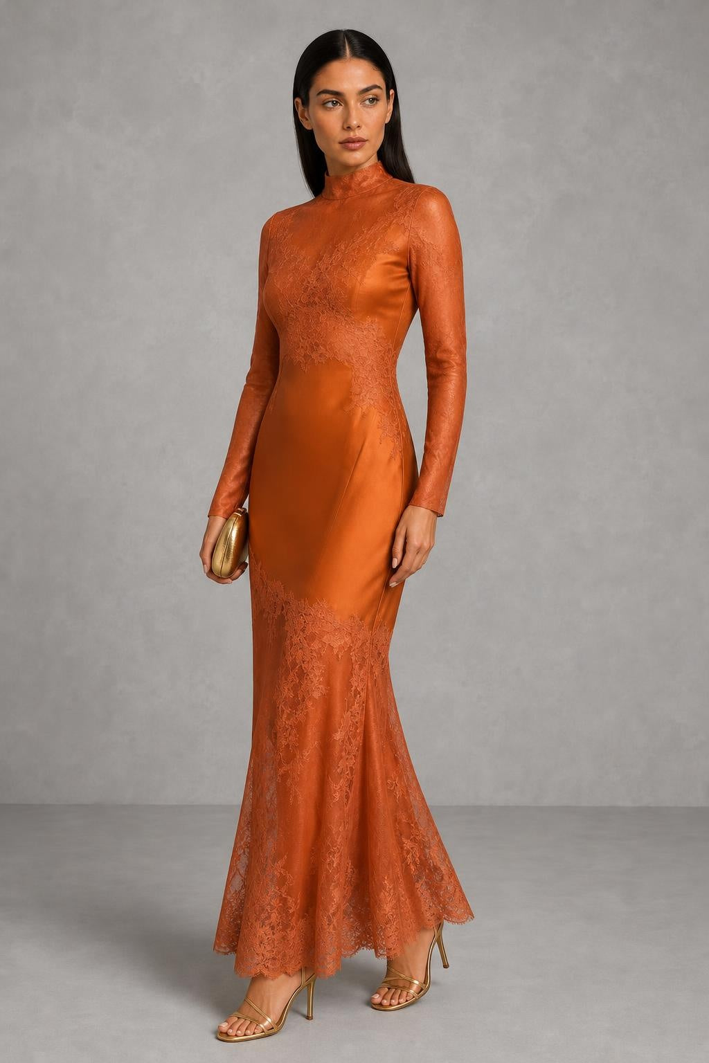 Vestido Maxi Elegante Feminino com Gola Alta, Renda e Cetim, Manga Longa, Costas Vazadas e Bainha Sereia para Convidada de Casamento e Festa — studio_three_quarter — Helena [f509e217-61ba-458b-8474-9171088711ab]