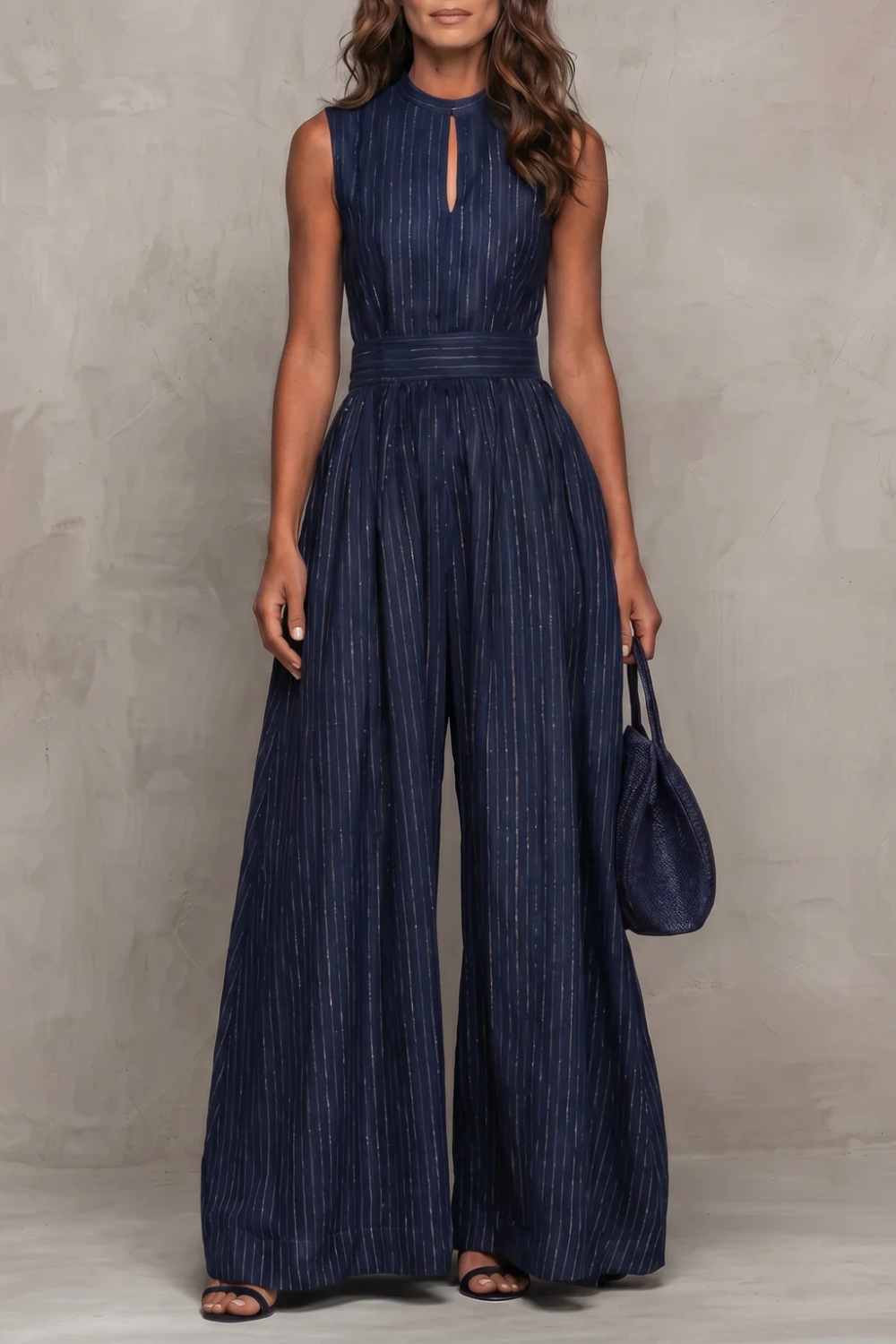 Seravelle – Macacão pantalona elegante com detalhe vazado listrado