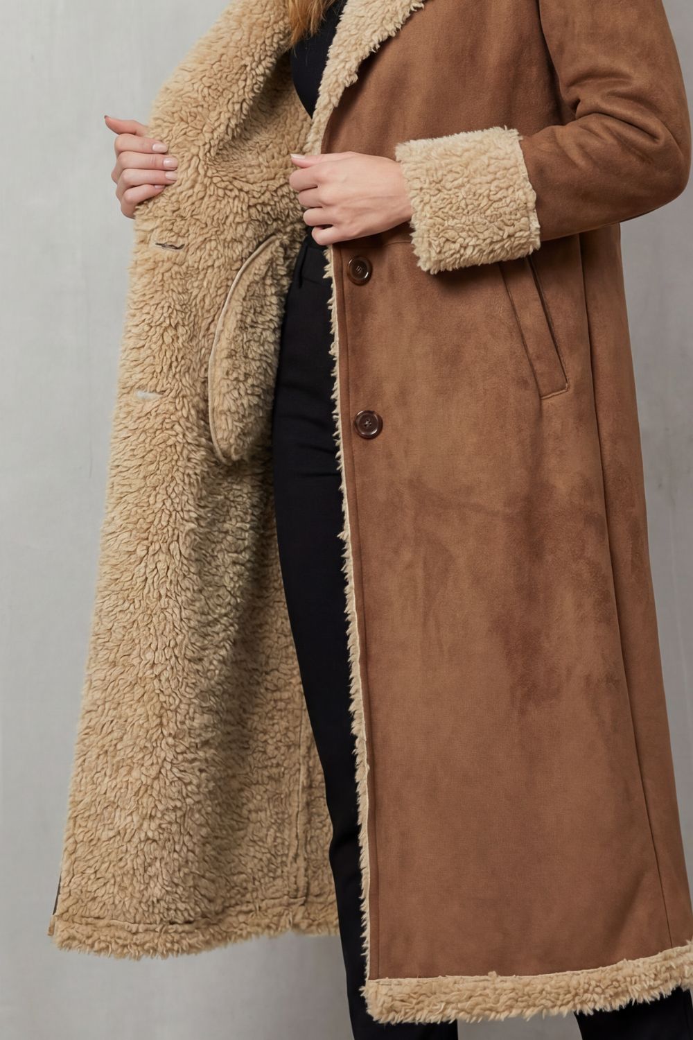 Selvion – Silhueta com forro shearling – Casaco longo de inverno