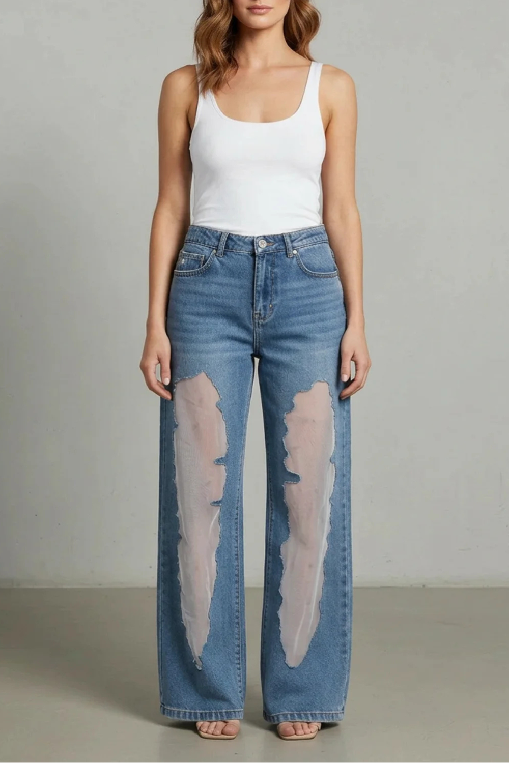 Lunetta – Patchwork de tule vintage – Calça jeans pantalona