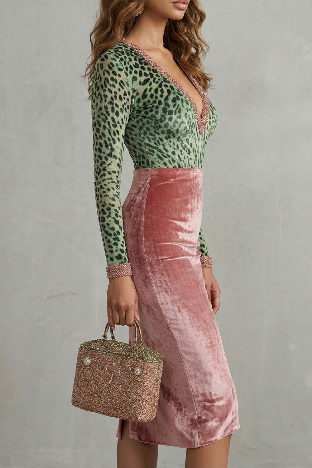 Virelline – Contraste de veludo leopardo – Vestido midi justo