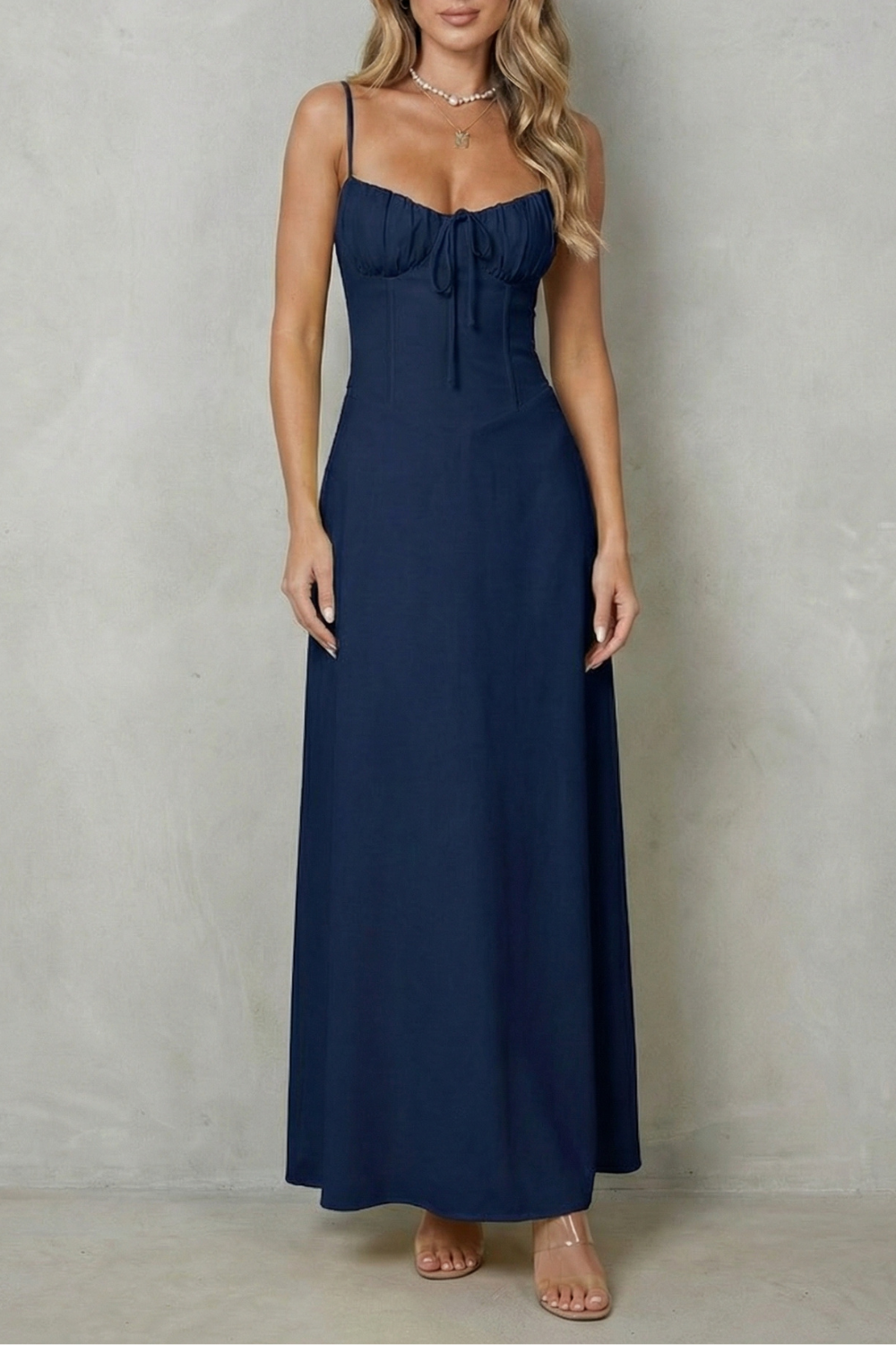 Selena – Charme de espartilho suave – Vestido longo fluido sem mangas