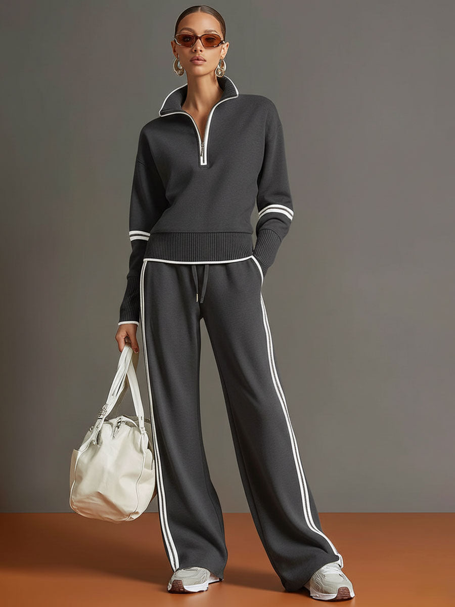 Conjunto Suéter Gola Alta Meio Zíper e Calça Wide Leg Listrada - Helena