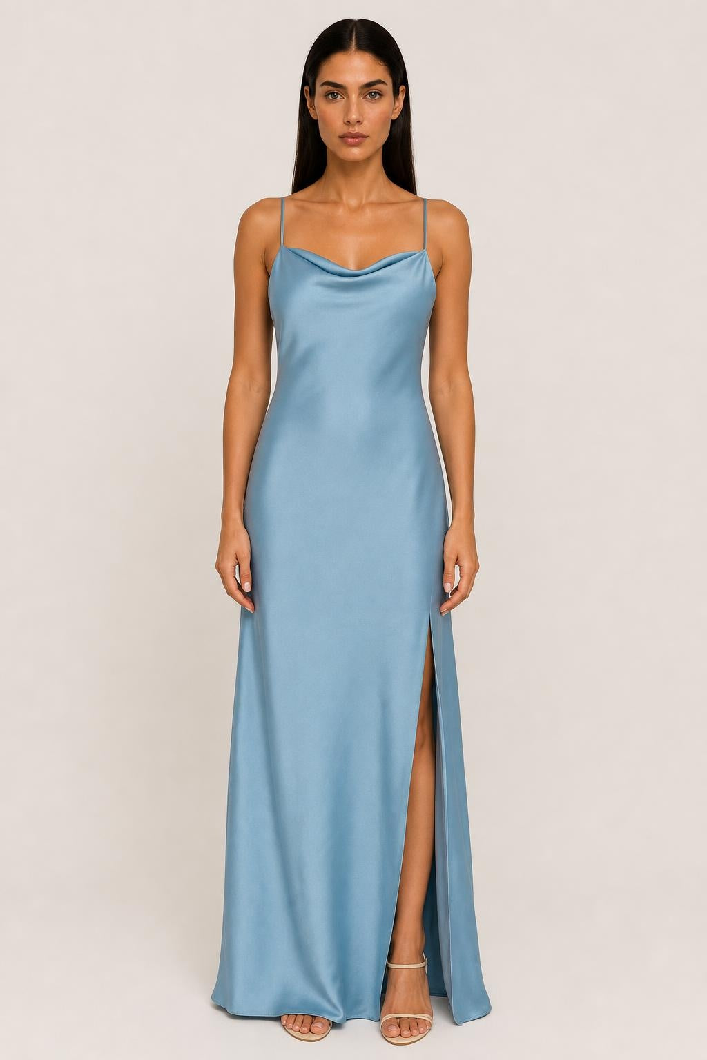 Vestido Longo Acetinado com Decote Drapeado - Daline — studio_front — Helena [016d3e5c-219b-4602-9cf7-0375904688b0]