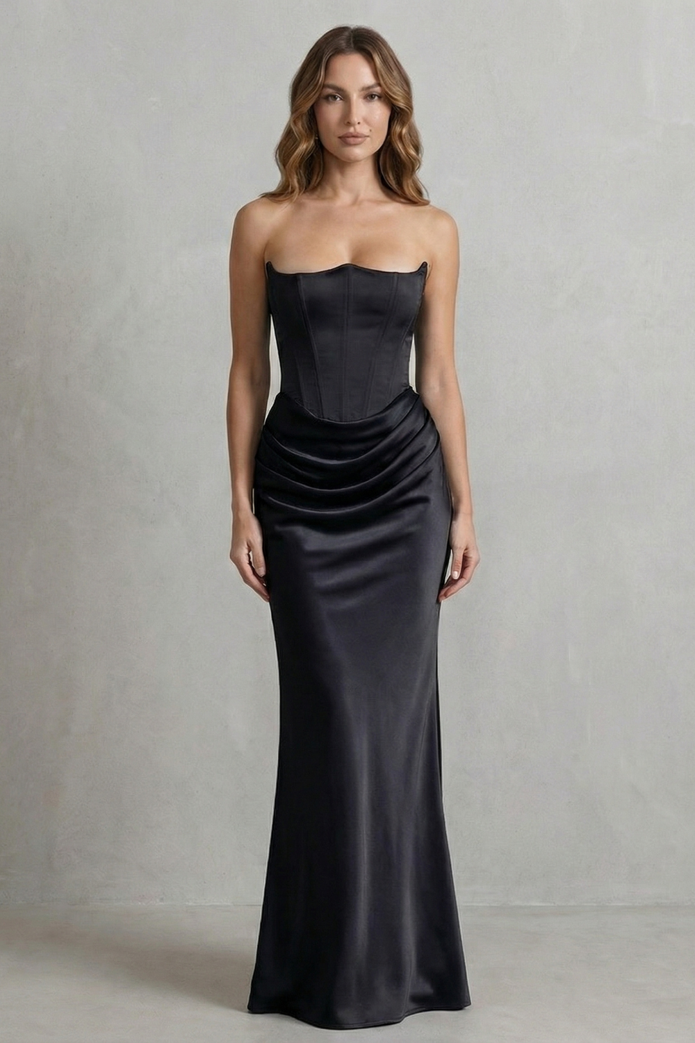 Evelisse – Drapeado de cetim esculpido – Vestido longo tomara que caia com corset
