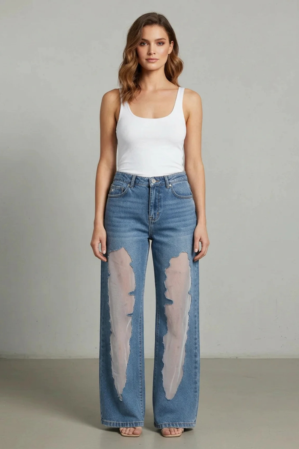 Lunetta – Patchwork de tule vintage – Calça jeans pantalona