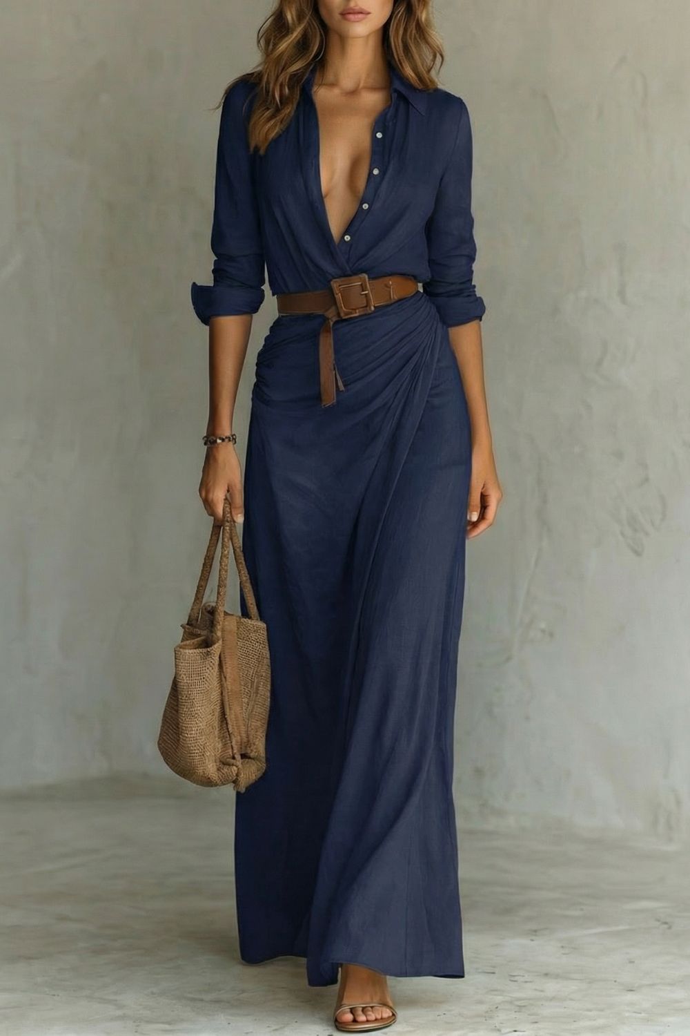 Azura – Vestido transpassado com botões – Vestido longo com cinto