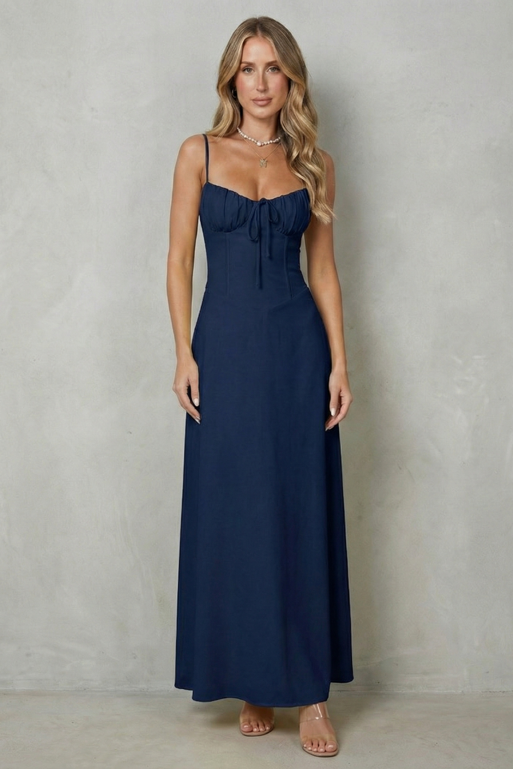 Selena – Charme de espartilho suave – Vestido longo fluido sem mangas