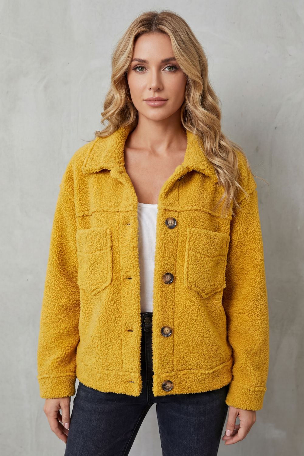 Floretta – Estilo fleece texturizado – Jaqueta com botões