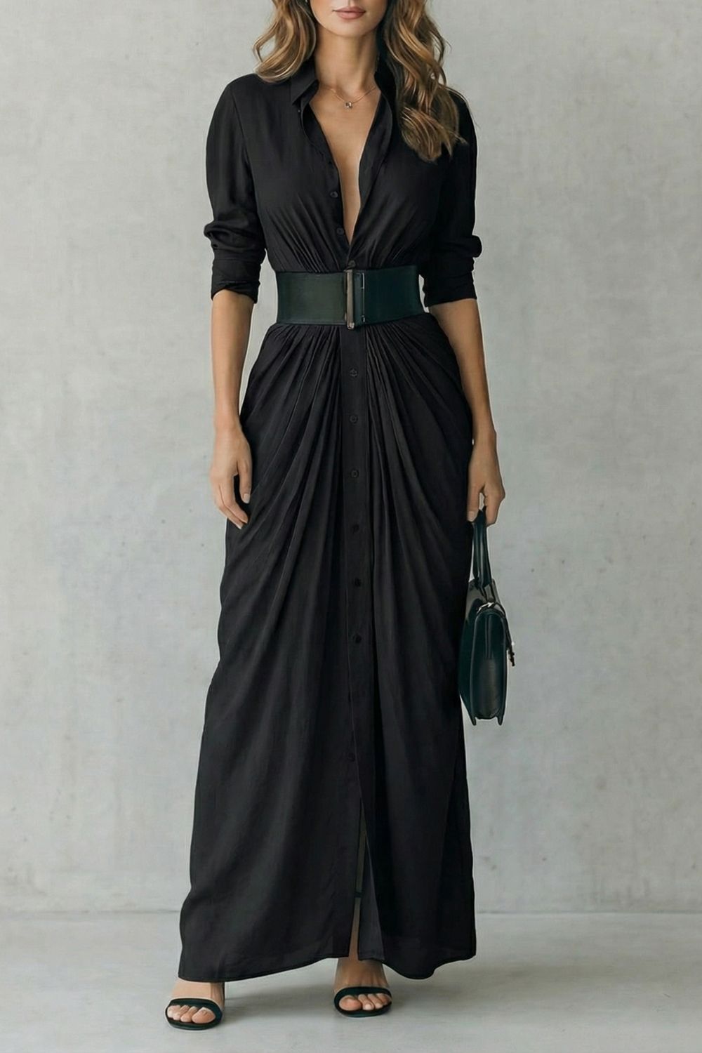 Solenzia – Drama plissada na cintura – Vestido longo estilo camisa (inclui cinto)