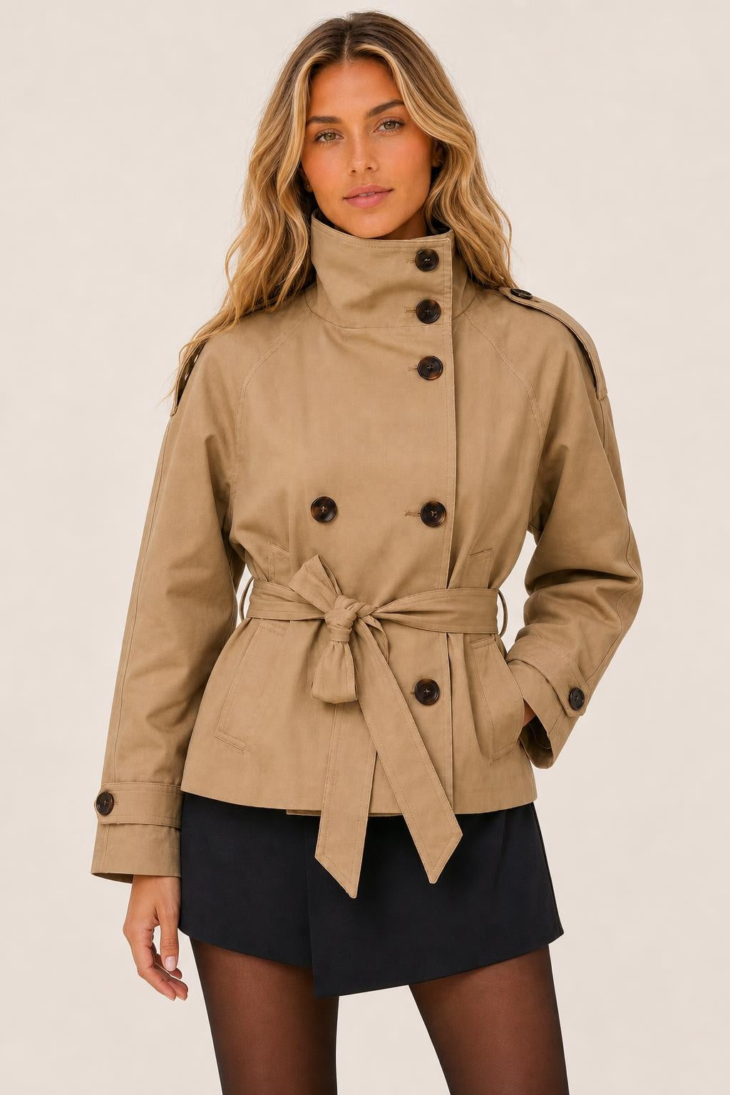 Trench Coat Curto com Gola Alta e Cinto - Pietra — studio_closeup — Sofia [ba366cc0-82a1-4e3e-b093-01b293189023]
