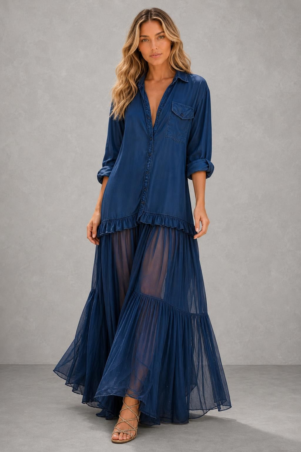 Vestido Longo com Gola Camisa e Saia em Camadas - Marilene — studio_front — Sofia [517df4fd-6843-4b29-a330-aee0145c322a]