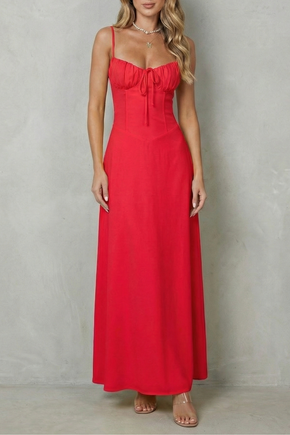 Selena – Charme de espartilho suave – Vestido longo fluido sem mangas