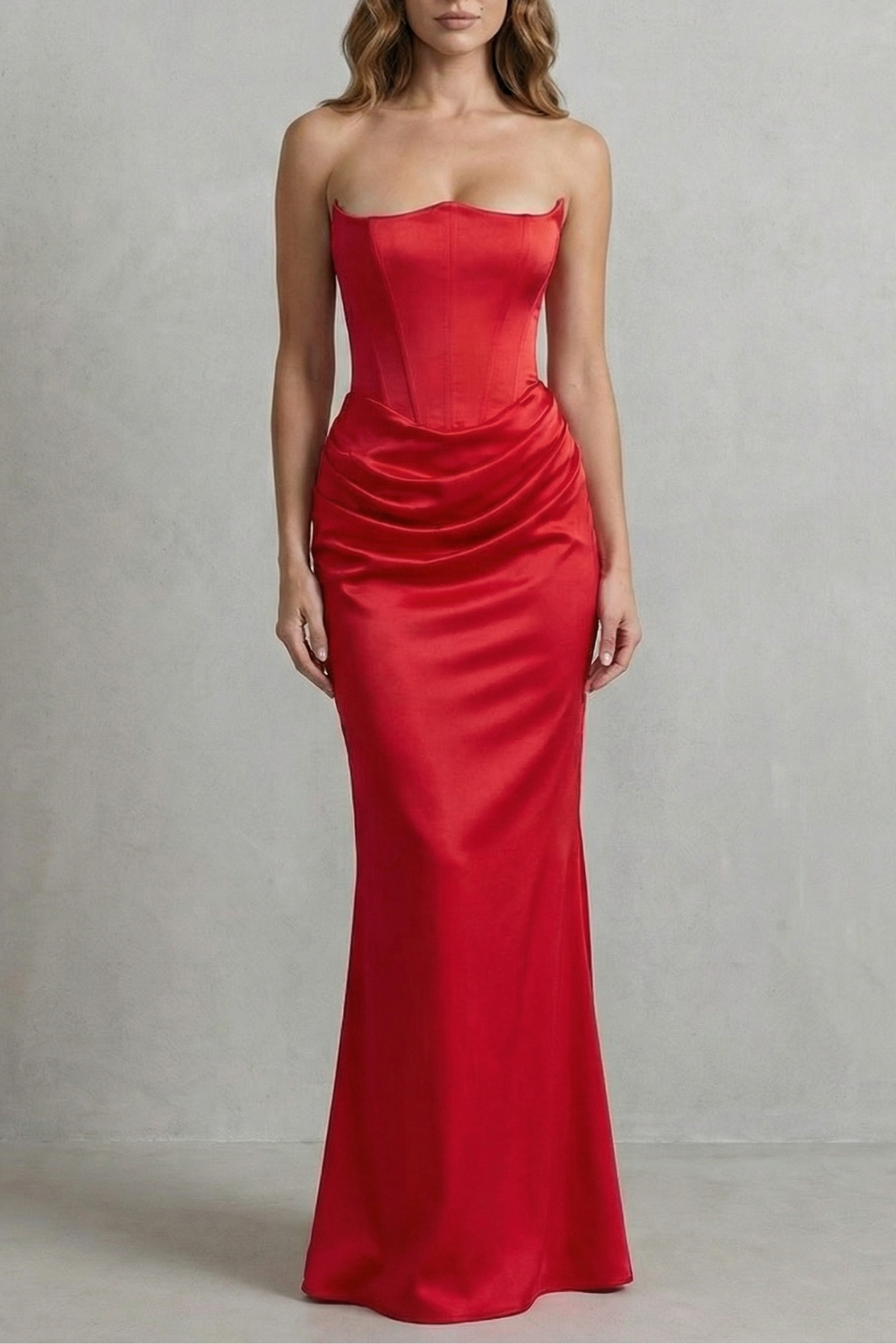 Evelisse – Drapeado de cetim esculpido – Vestido longo tomara que caia com corset