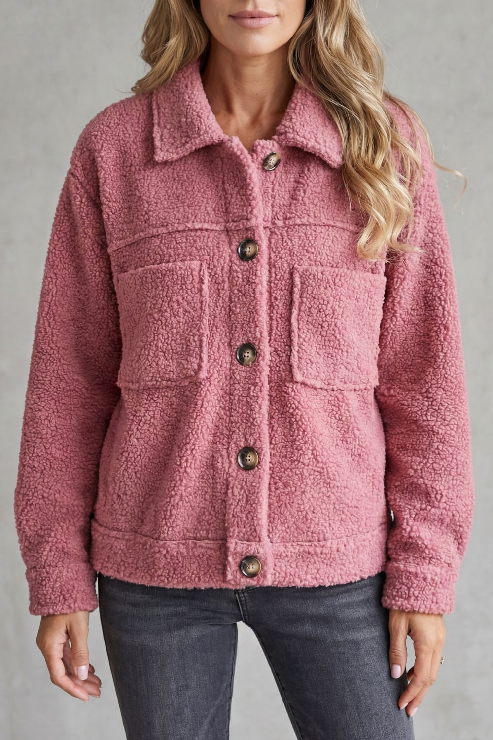 Floretta – Estilo fleece texturizado – Jaqueta com botões