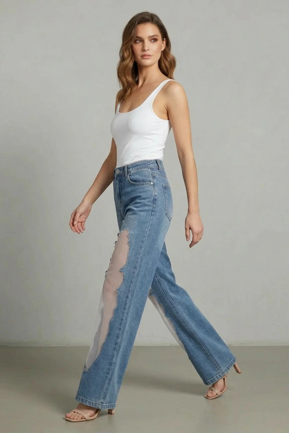Lunetta – Patchwork de tule vintage – Calça jeans pantalona