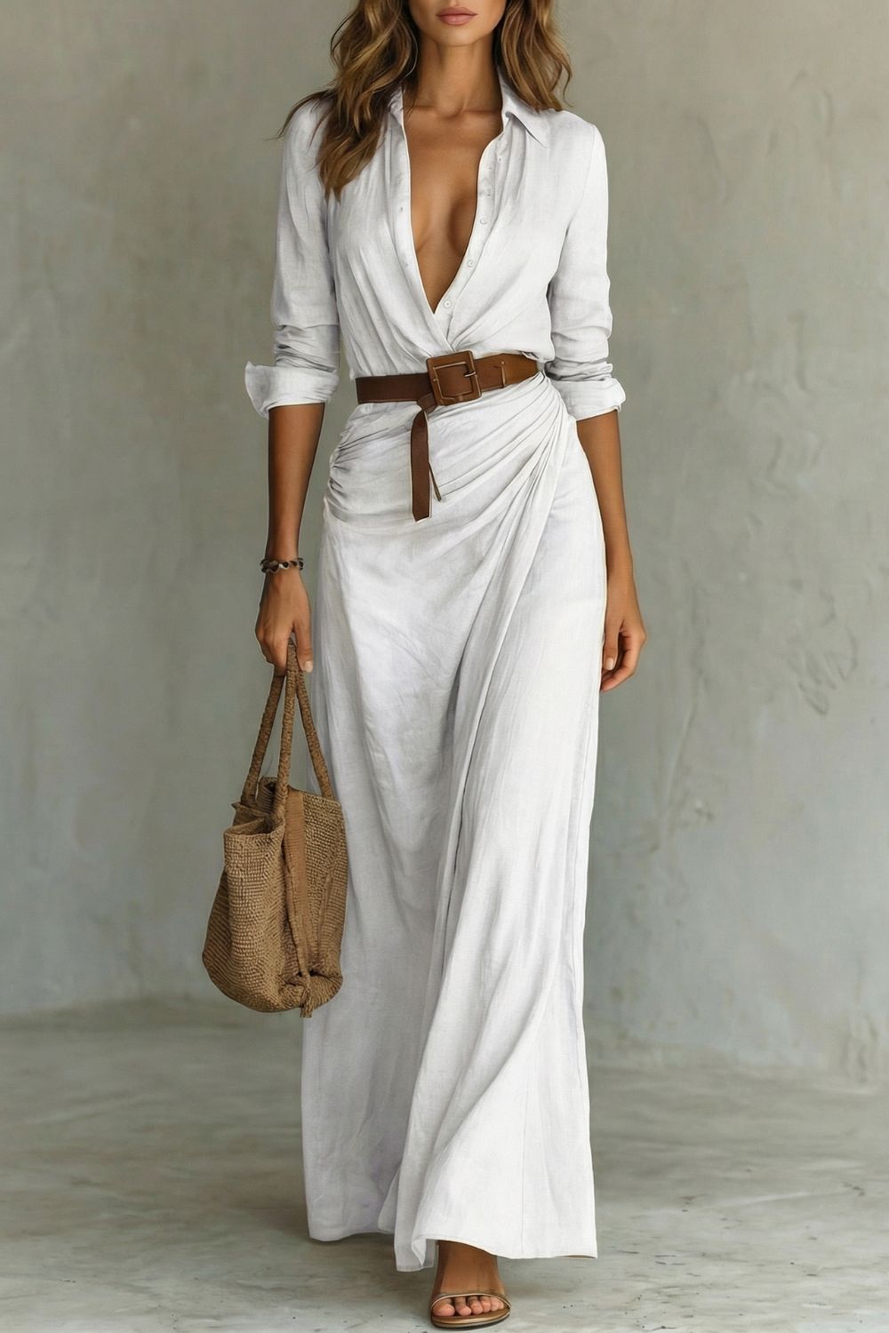 Azura – Vestido transpassado com botões – Vestido longo com cinto