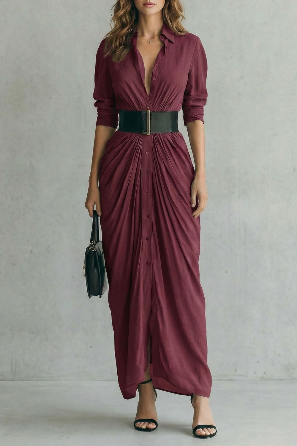 Solenzia – Drama plissada na cintura – Vestido longo estilo camisa (inclui cinto)