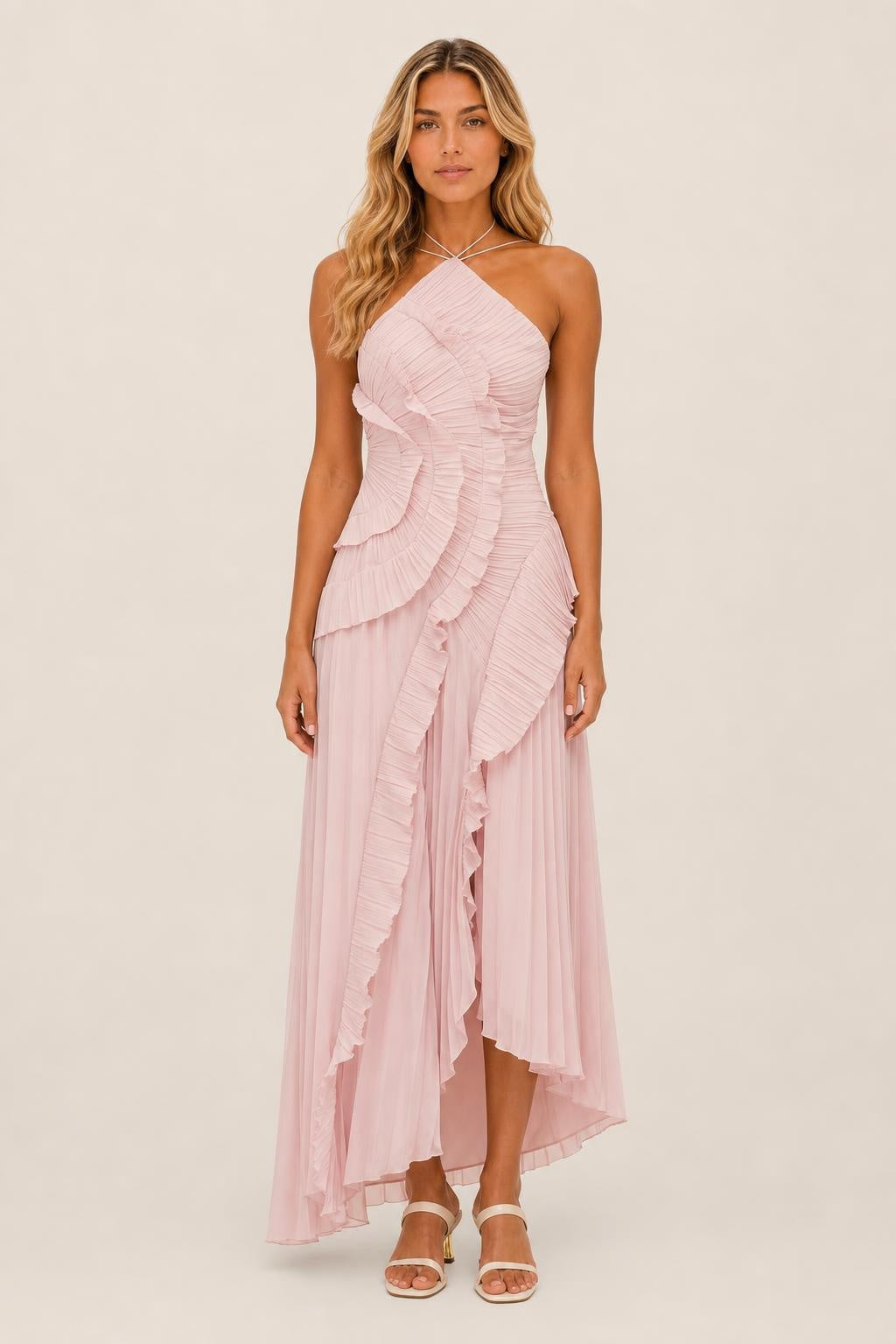 Vestido Longo Chiffon Frente Única com Babado Diagonal - Nicole — studio_front — Sofia [5709c1c8-9a0c-45bc-99a1-6b13ddaaeb87]