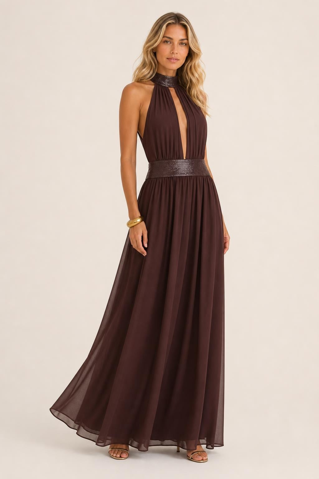 Vestido Longo Chiffon Frente Única com Cinto Bordado - Rosalina — studio_three_quarter — Sofia [bc983204-ea67-4cc5-8e36-f6c8639f7e2f]